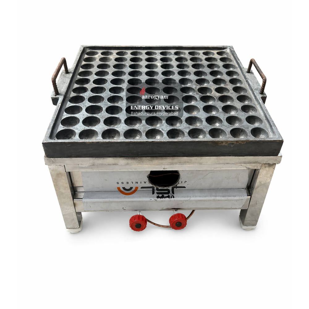 Set of Aarogyam 100 Pits Paniyaram Pan , Table Top Burner of 100 Pits Paniyaram Pan and Lid of 100 Pits paniyaram Pan