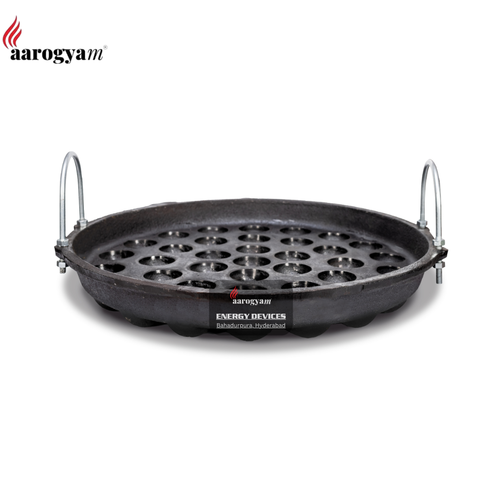Black cast iron grill with handles on a white background, branded 'aarogyam'.