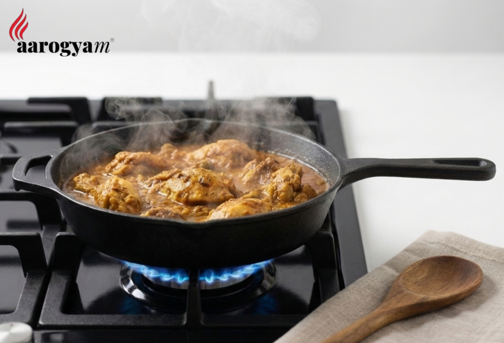 Stir-frying chicken dish in a pan on a gas stove with 'aarogyam' branding.