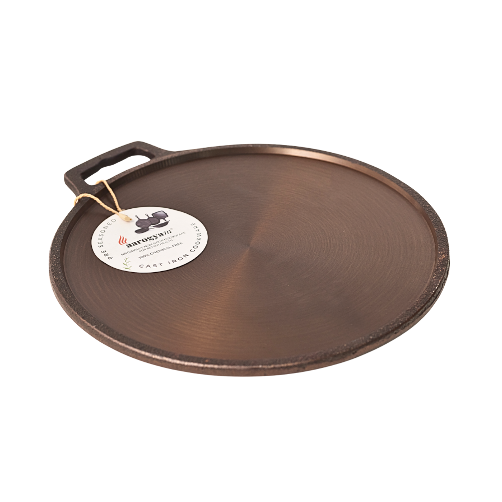 Cast iron pizza pan with a label on a white background