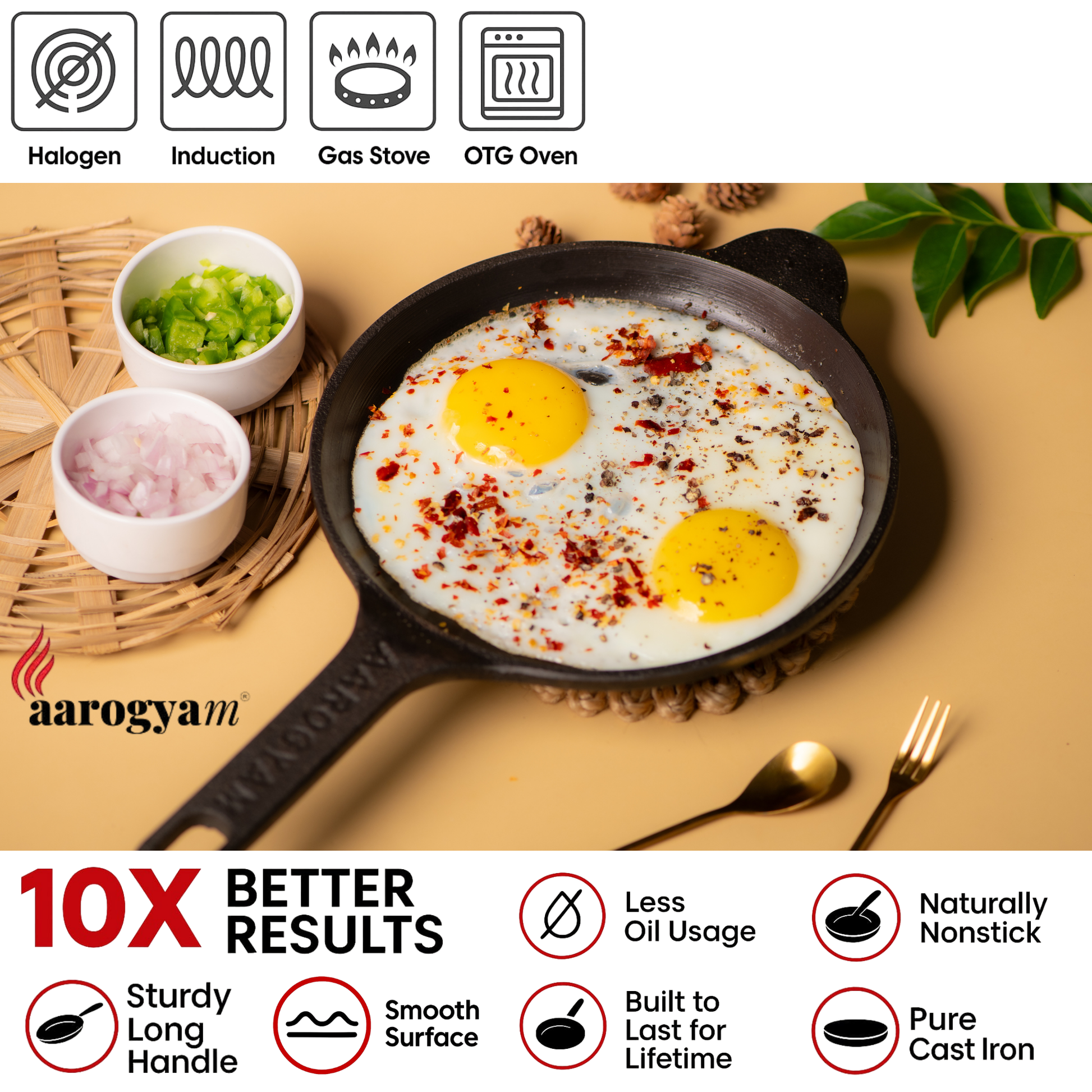 Fried eggs in a cast iron skillet on a wooden surface with Aarogya brand logo and product features.