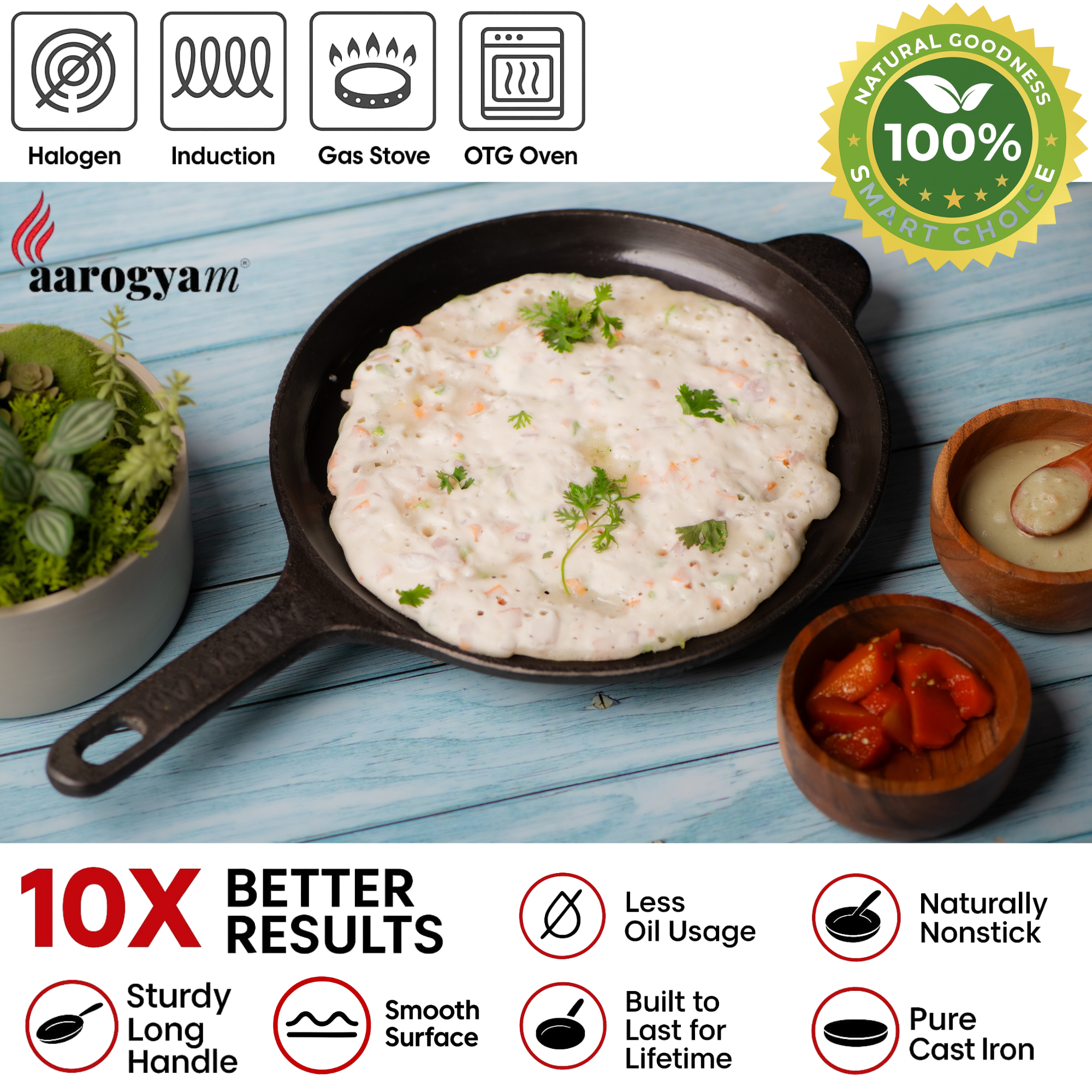 Arogyam cast iron skillet with a flatbread on a blue wooden surface, featuring cooking compatibility icons and product benefits.