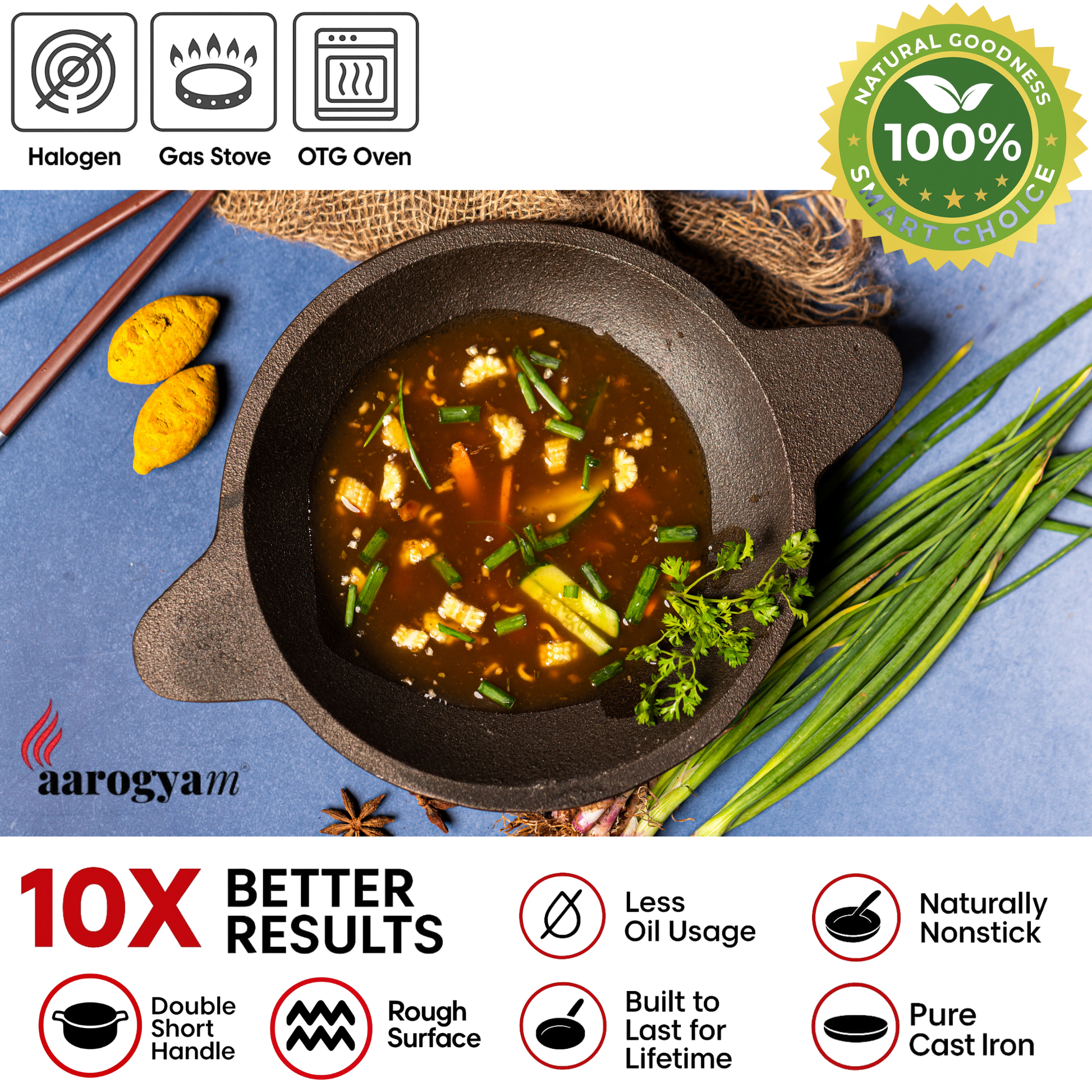 Aarogyaam cookware with a dish of food on a blue background, featuring cooking icons and a label.