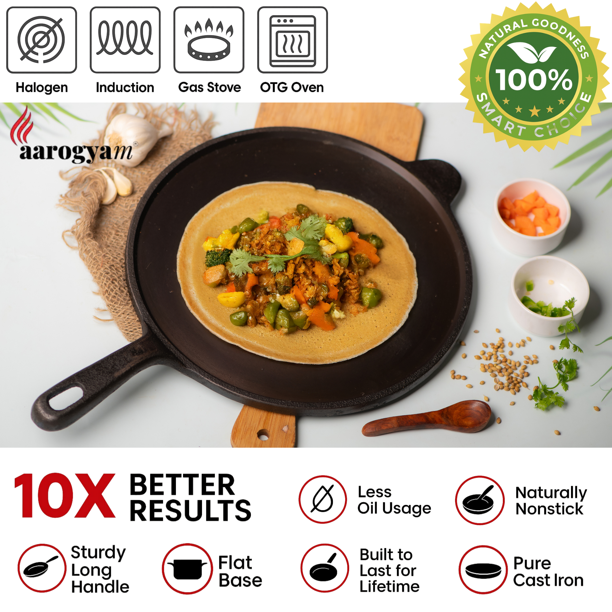Aarogyam 11 Inch Induction Friendly Pre-seasoned Cast Iron Long Handle Tawa, Naturally Nonstick, Induction Friendly