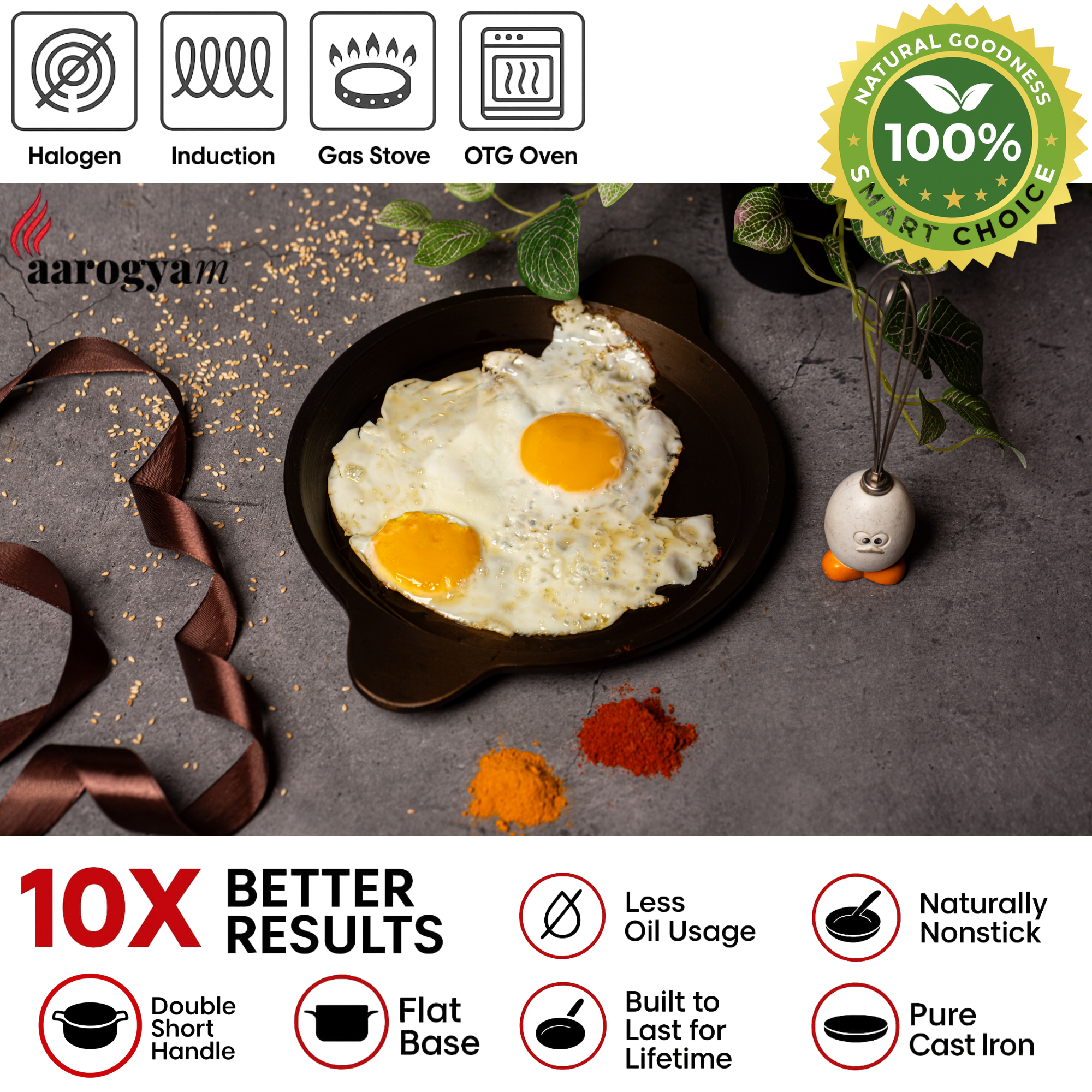 Aarogyam 8 Inch Induction Friendly Pre-seasoned Cast Iron Smooth Fish Fry Pan, Mulbagal Dosa Tawa, Naturally Nonstick, Induction Friendly