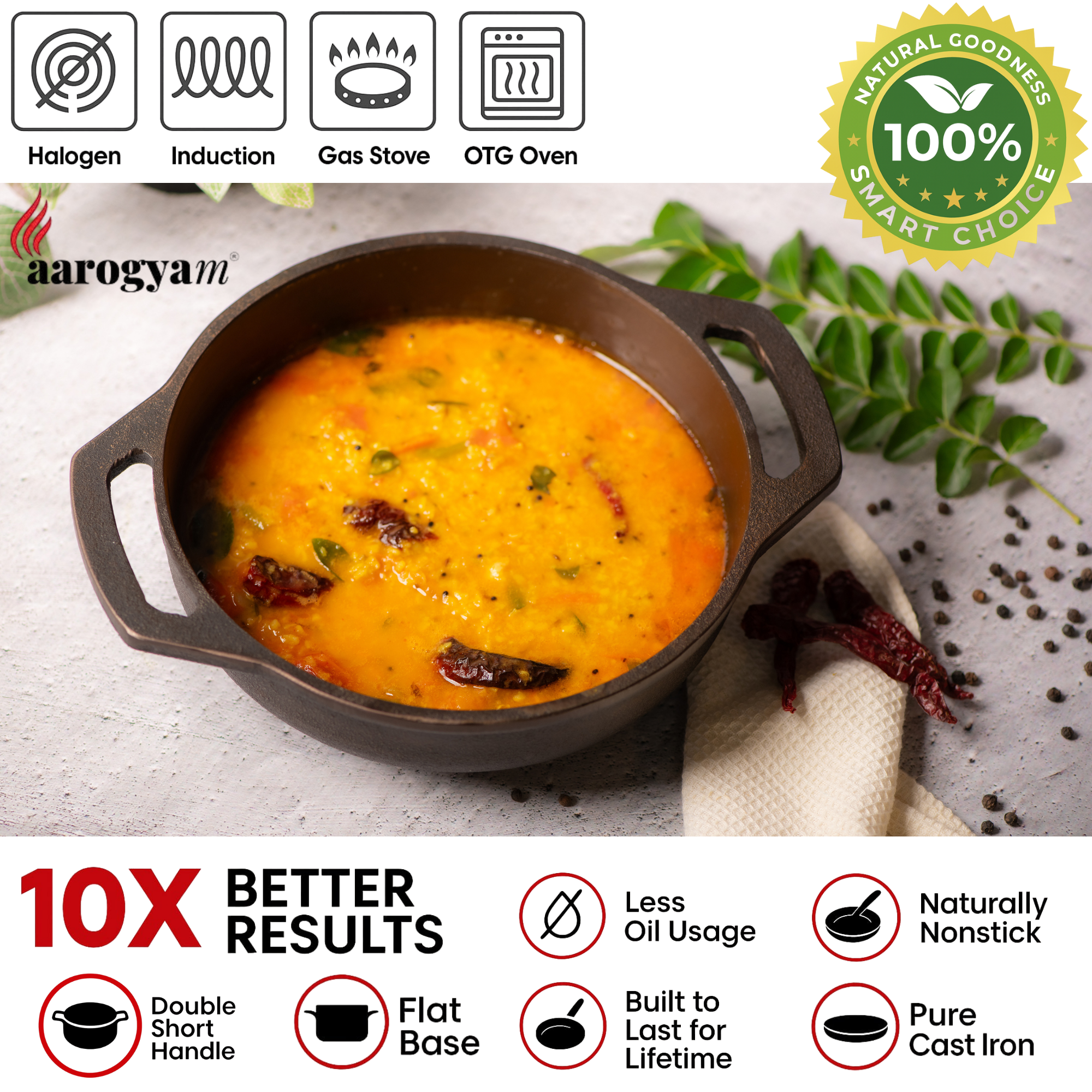 Cast iron pot with soup on a light background, featuring arogyam brand and cooking compatibility icons.