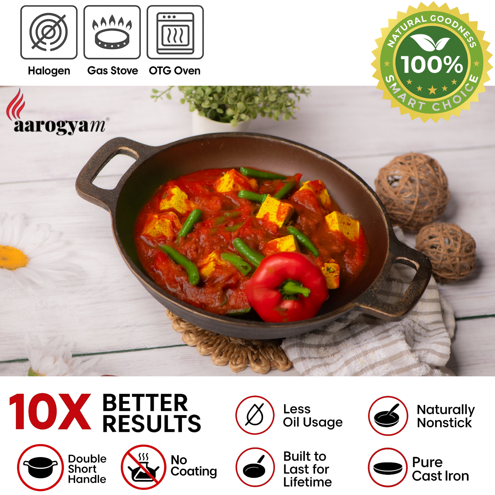 Aarogym cookware with a dish of food on a wooden surface, featuring the brand logo and product benefits.