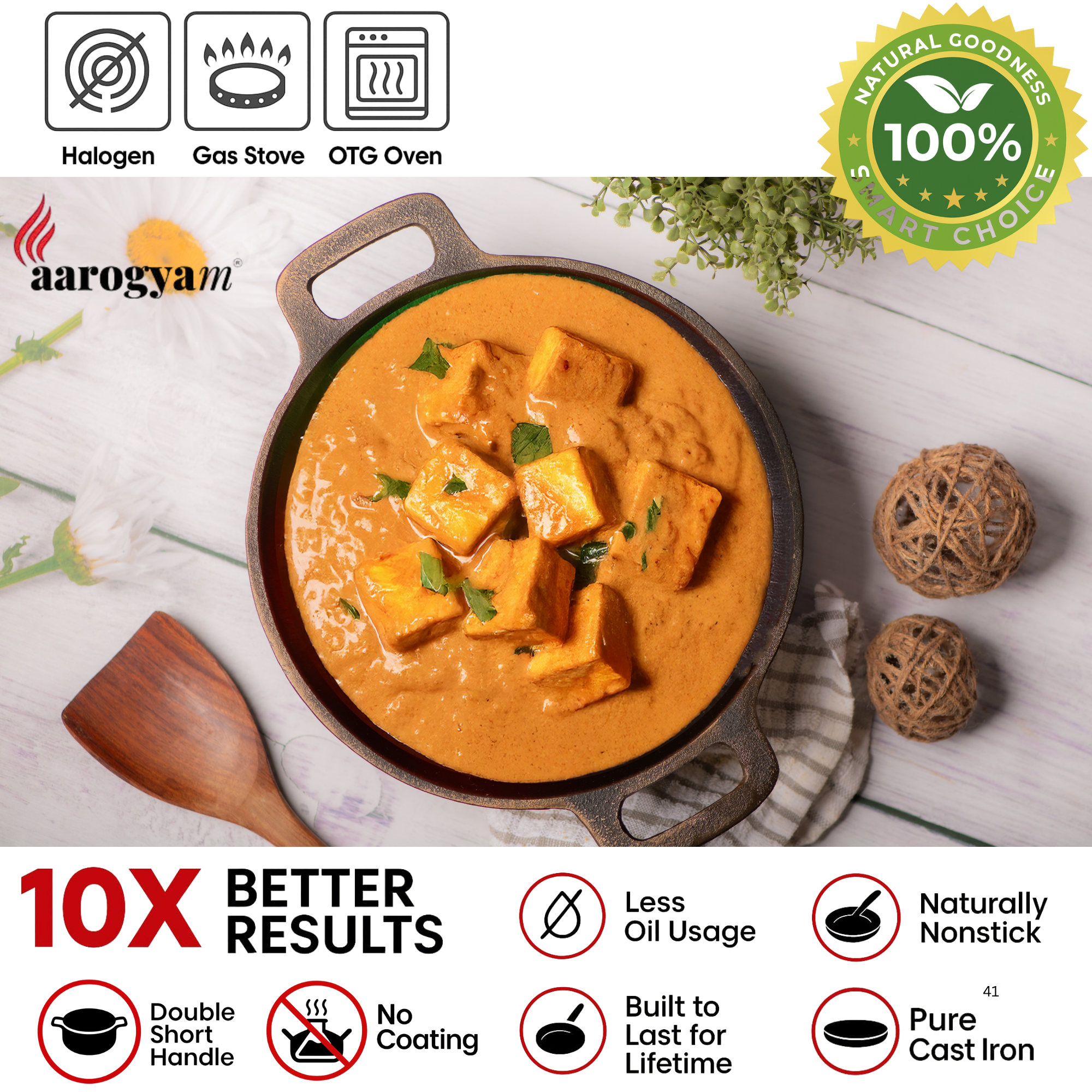 Aarogyam pan with tofu curry on a white background, featuring cooking icons and product benefits.