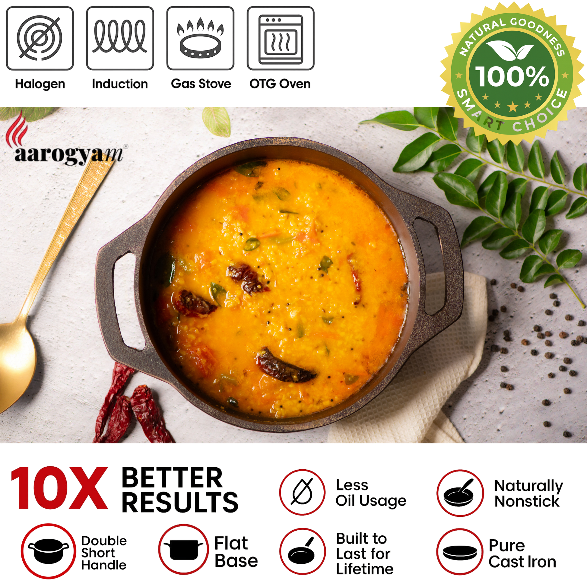 Cast iron pot with soup, surrounded by spices and a spoon, on a light background with Aarogya brand logo.