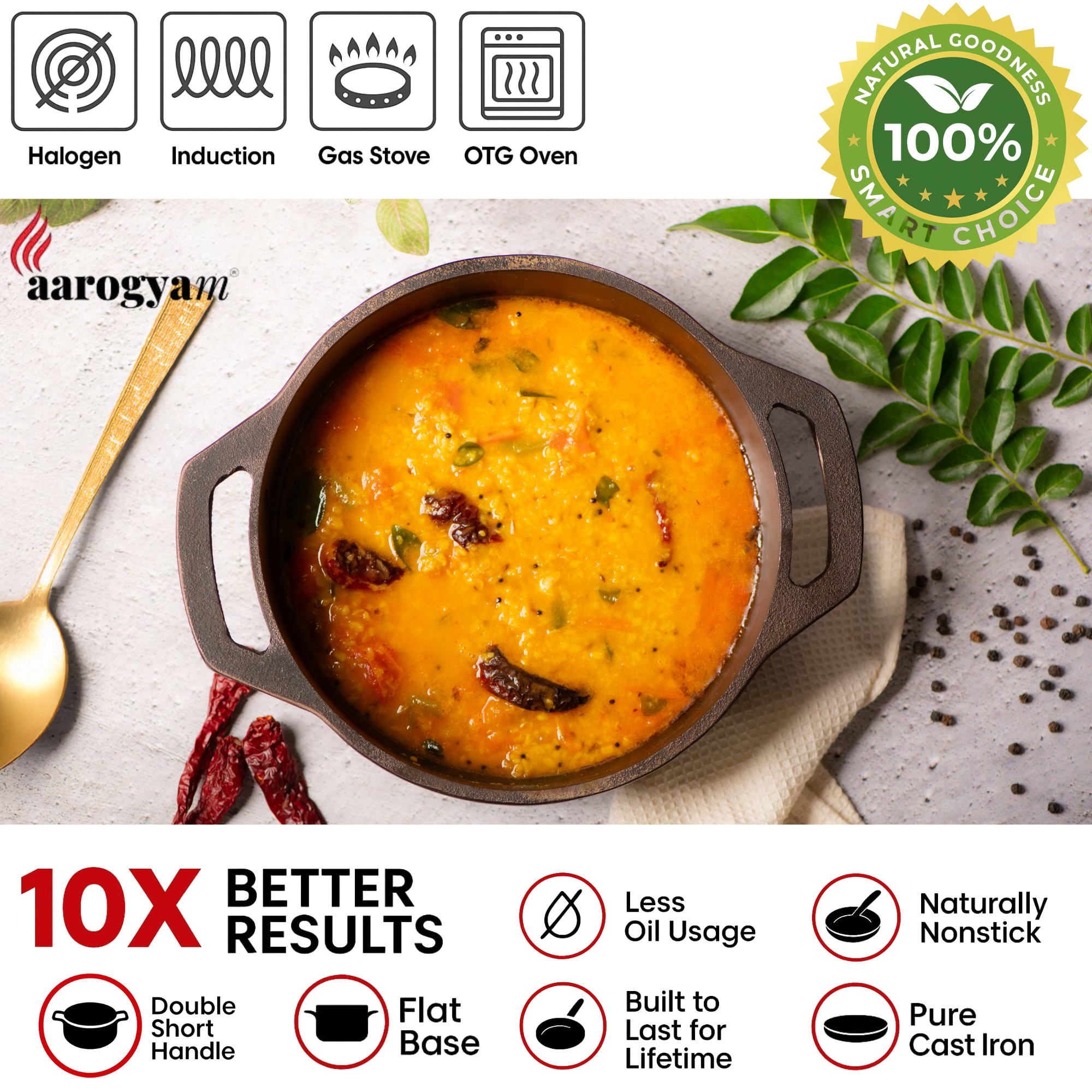 Cast iron pot with soup, surrounded by spices and a spoon, on a light background with Aarogya brand logo.