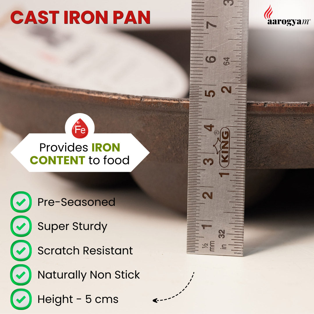 Cast iron pan with measurement ruler and features listed on a white background