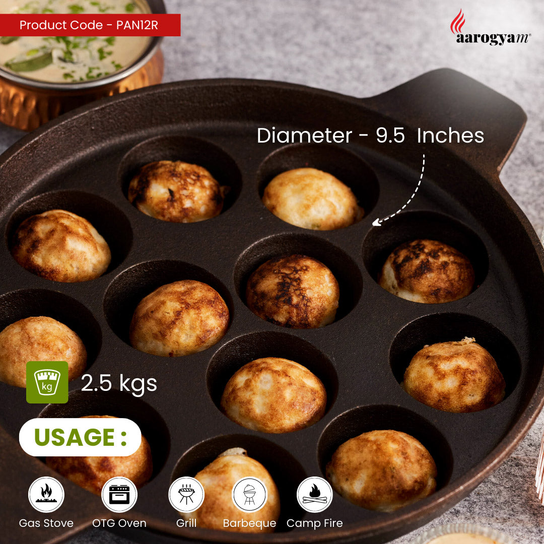 Cast iron pan with food items, labeled with product code and dimensions, on a gray background.