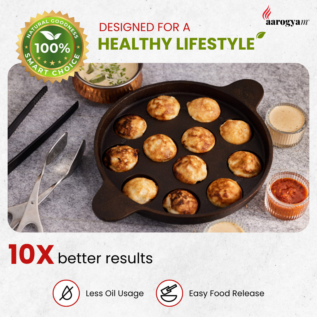 Arogya grill with food on a gray surface, featuring branding and promotional text.