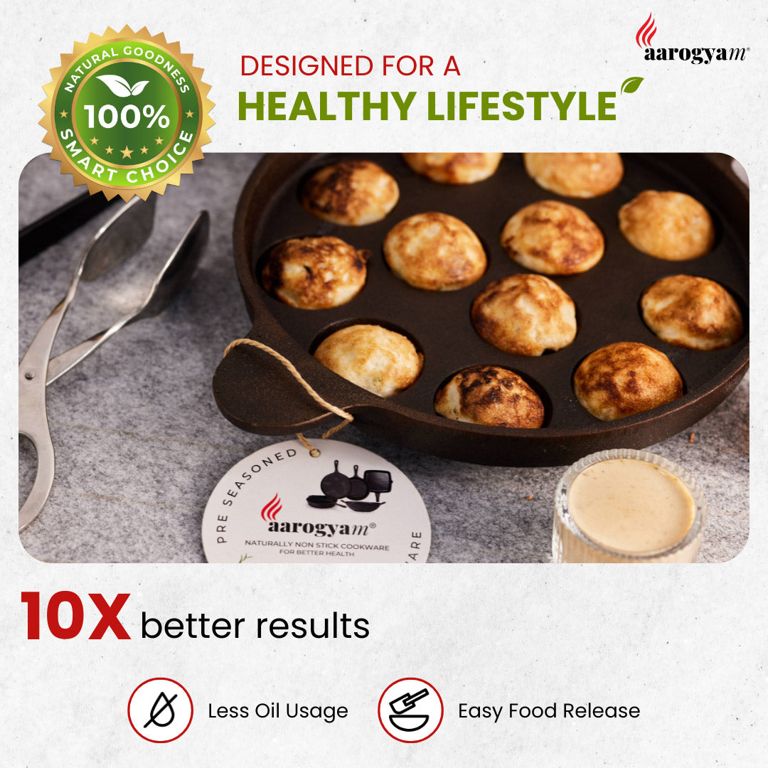 Aarogya brand cookware with baked items and branding elements on a gray background