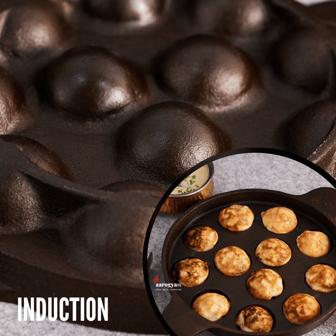 Induction cooktop with a close-up of a frying pan containing food, featuring the brand 'Aarogyam'.