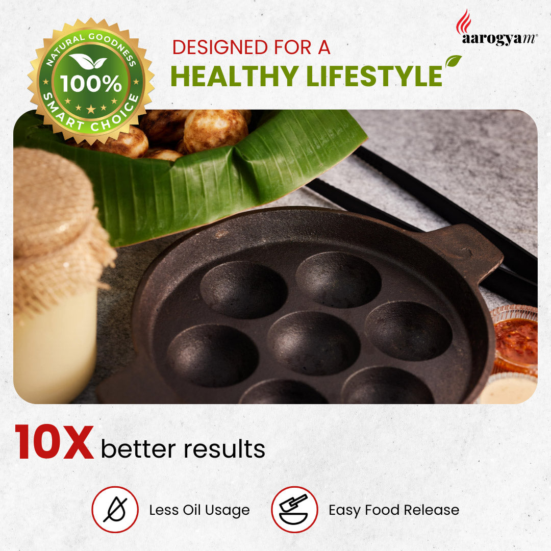 Aarogyam 7.5" Pre-seasoned Cast Iron Paniyaram Pan, 7 Cavity, Naturally Nonstick Appam Pan / Appe.