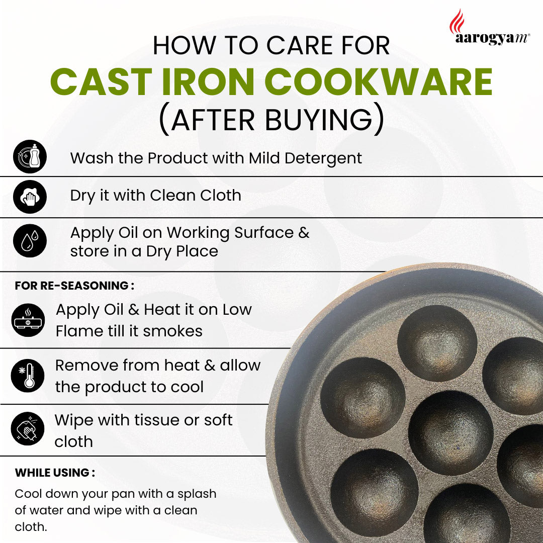 Instructions on how to care for cast iron cookware with a close-up of a cast iron mold.