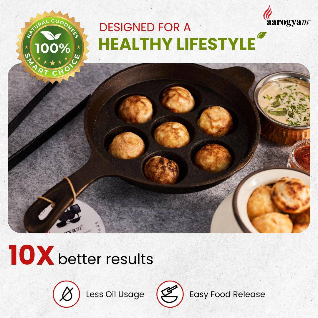 Arogya brand product with a skillet containing food, a bowl of dipping sauce, and text about healthy lifestyle and product benefits.