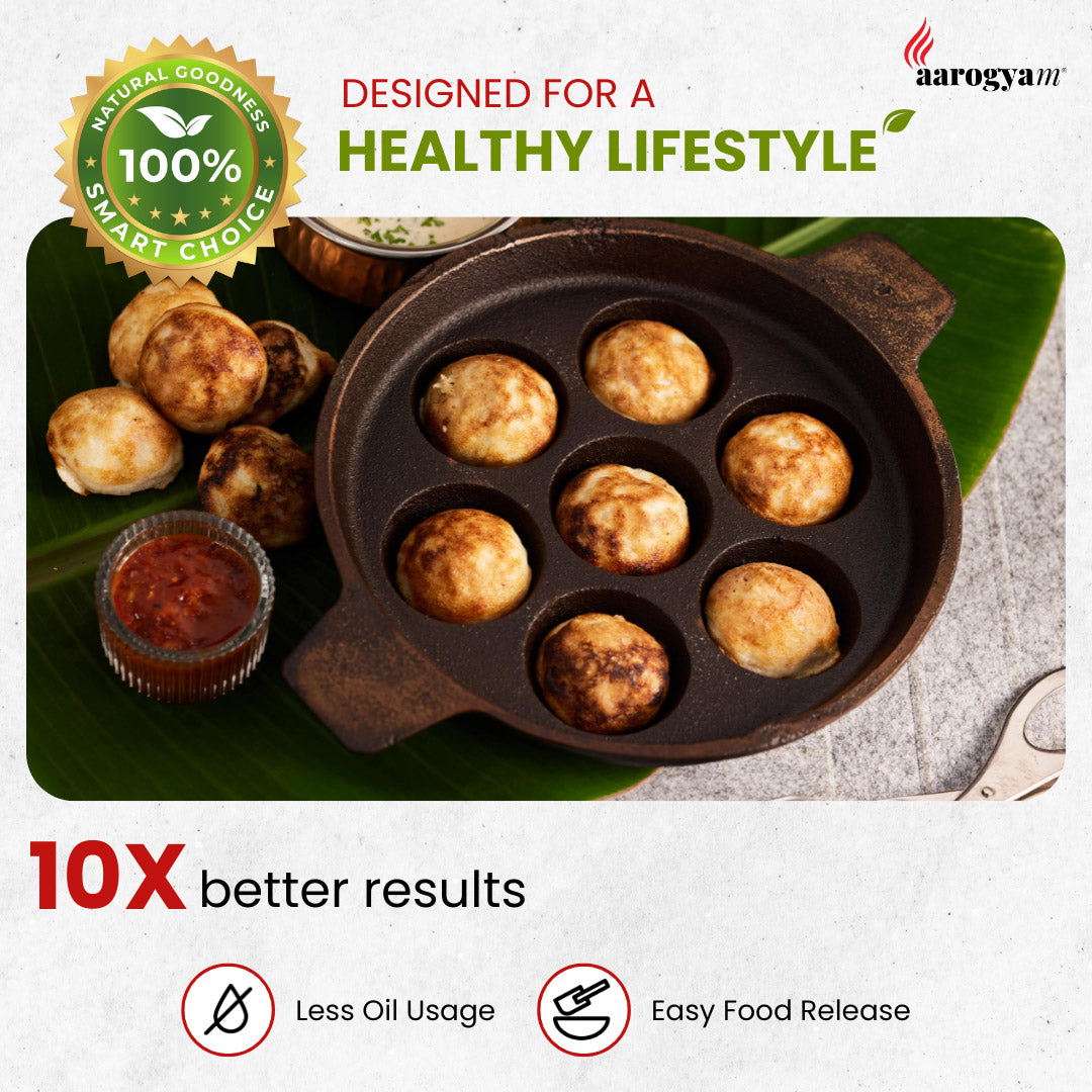 Cast iron mold with food items on a green leaf, branded 'Aarogya', with text about healthy lifestyle and product benefits.