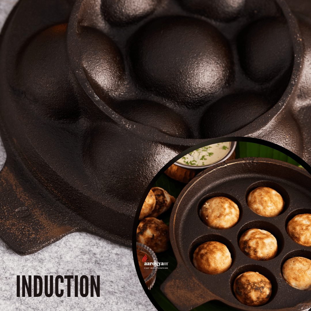 Cast iron pan with food items and a close-up of the pan's interior.