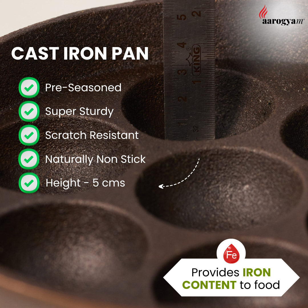 Cast iron pan with measurement details and features listed