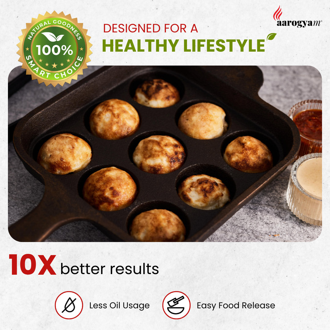 Baked goods in a muffin tin with Aarogya brand logo and healthy lifestyle claims.