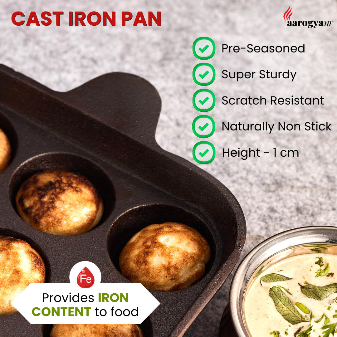 Cast iron pan with baked goods and a bowl of food, featuring Aarogya TV branding.
