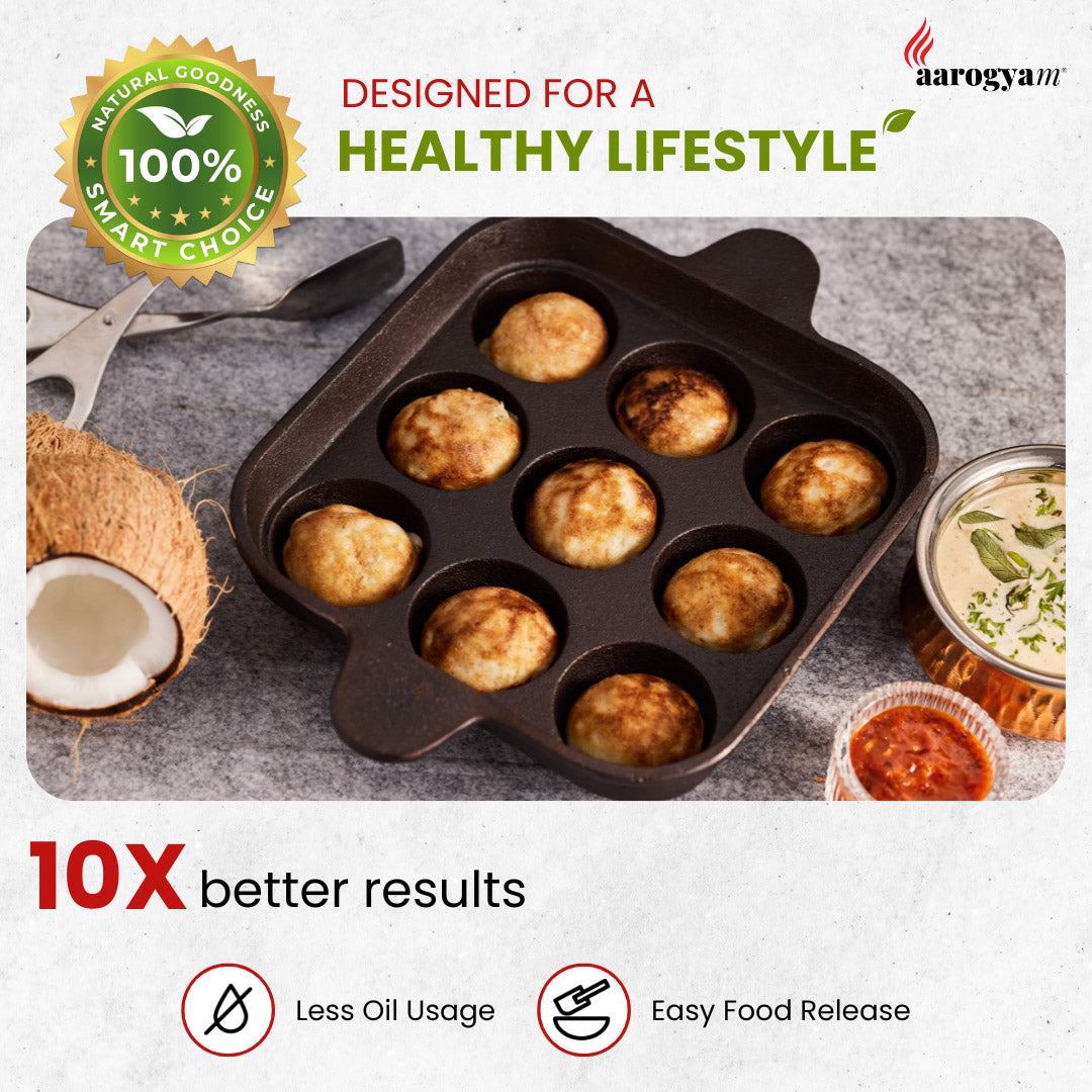 Baking tray with baked goods, coconut, and soup on a gray surface, featuring Aarogya brand.