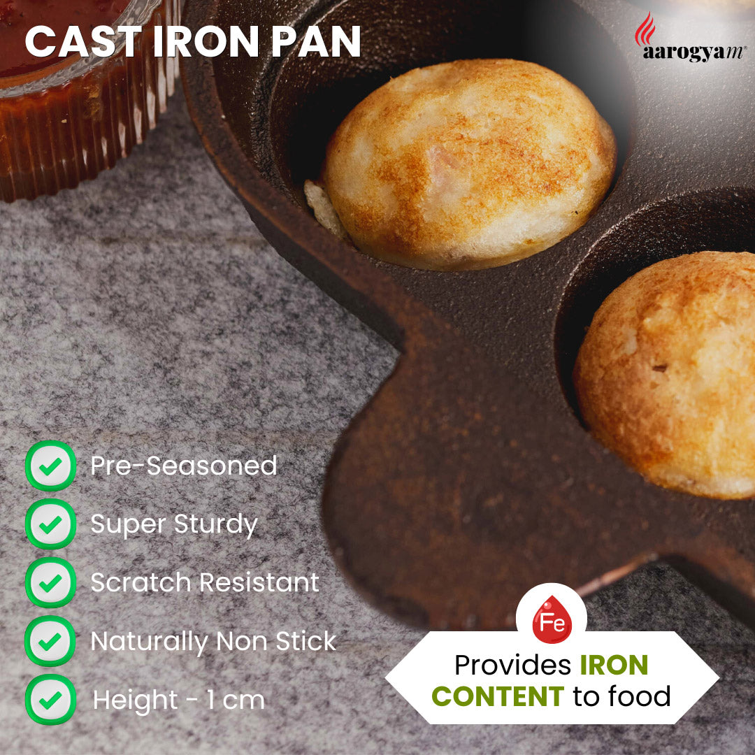 Cast iron pan with muffins and product features listed