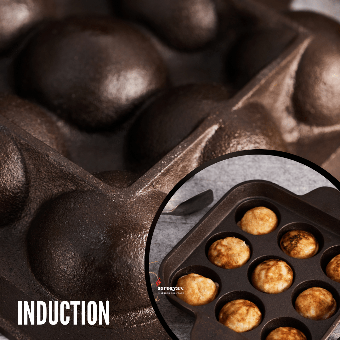 Aarogyam 7" Pre-seasoned Cast Iron Paniyaram Pan, 9 Cavity, Ring Bottom, Naturally Nonstick, Induction Friendly Appam Pan / Appe