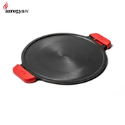 Black round cooking pan with red handles on a white background, featuring the Aarogyam brand.