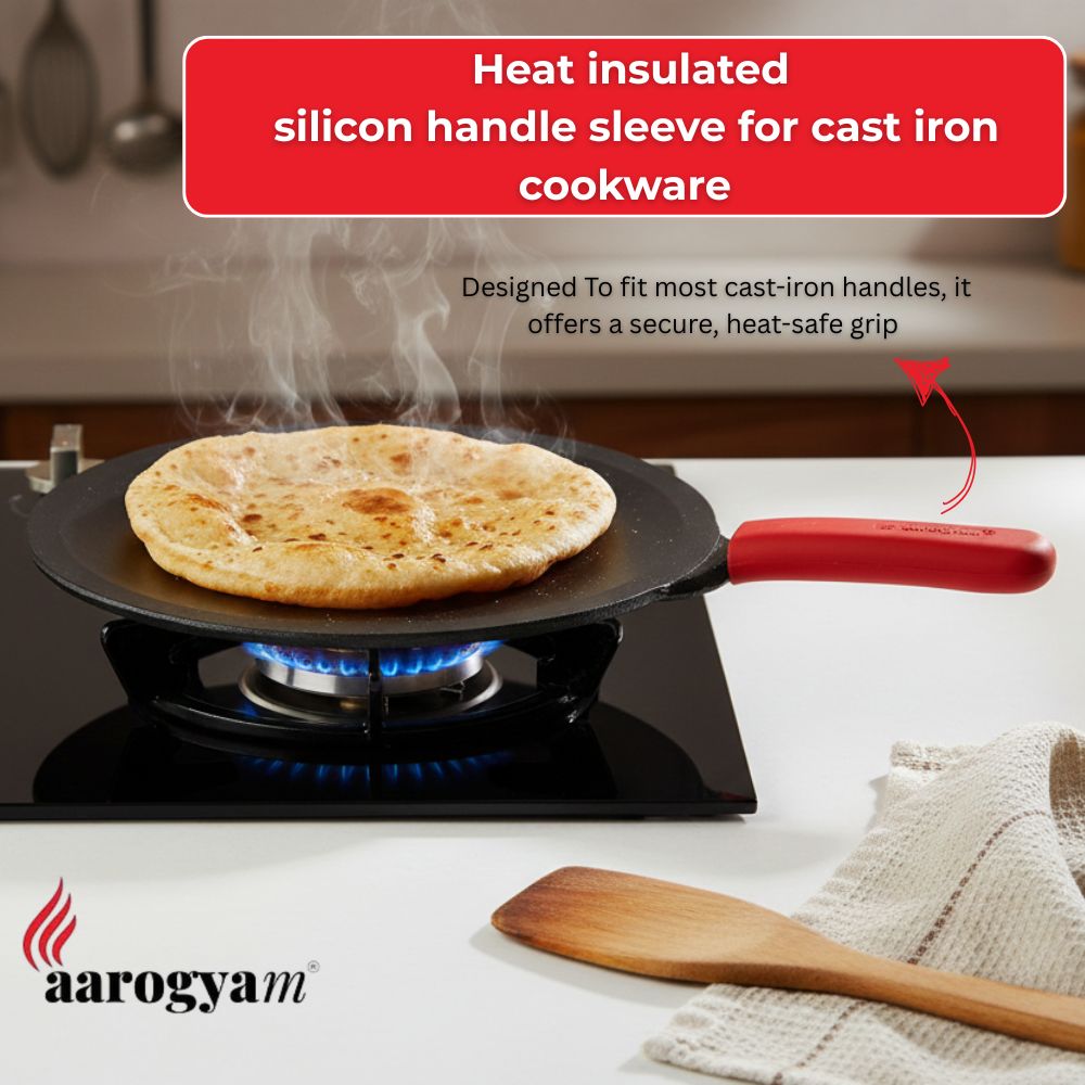 Heat insulated silicon handle sleeve for cast iron cookware on a pan with food, featuring Aarogym brand.