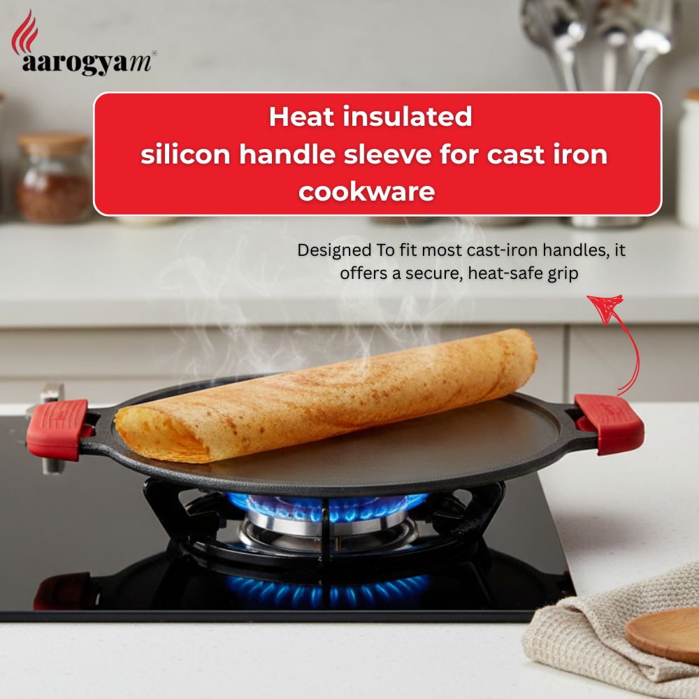 Heat-insulated silicon handle sleeve for cast iron cookware on a stove with a red label.
