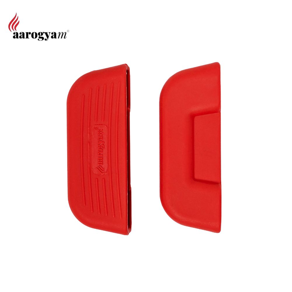 Two red rubber mats with 'aarogya' branding on a white background