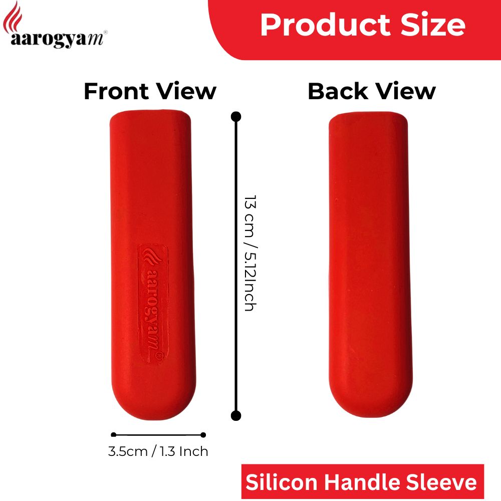 Red silicone handle sleeve with front and back views and measurements, branded 'aarogya'.