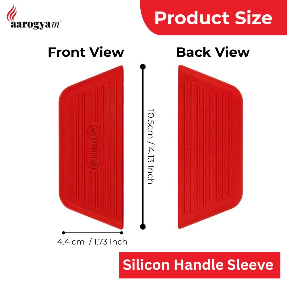 Red silicone handle sleeve with front and back views and dimensions on a white background.