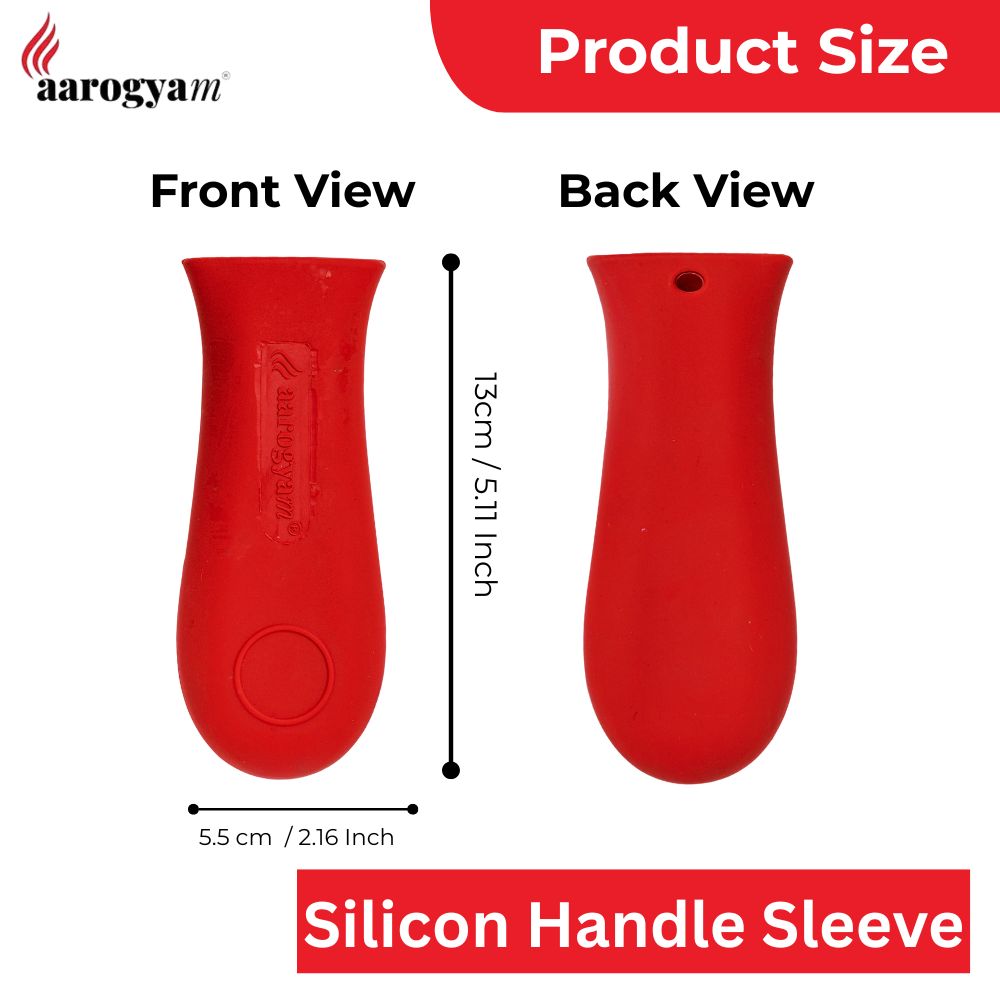 Red silicone handle sleeve with front and back views and measurements, branded 'aarogya'.