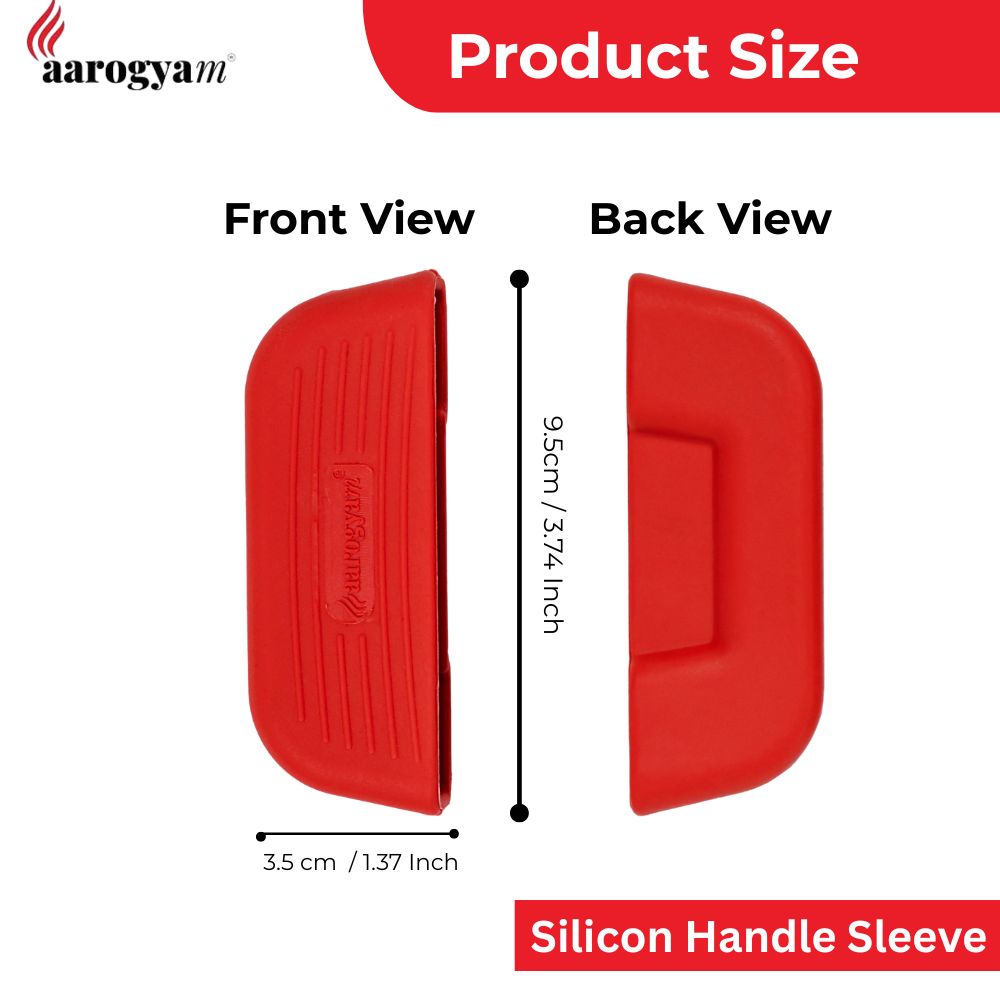 Red silicone handle sleeve with front and back views and measurements, branded 'aarogyam'.