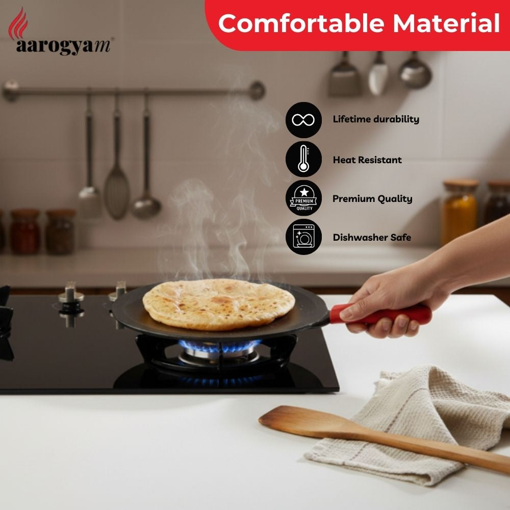 Person cooking on a gas stove with a pan, featuring Aarogya brand and product features.