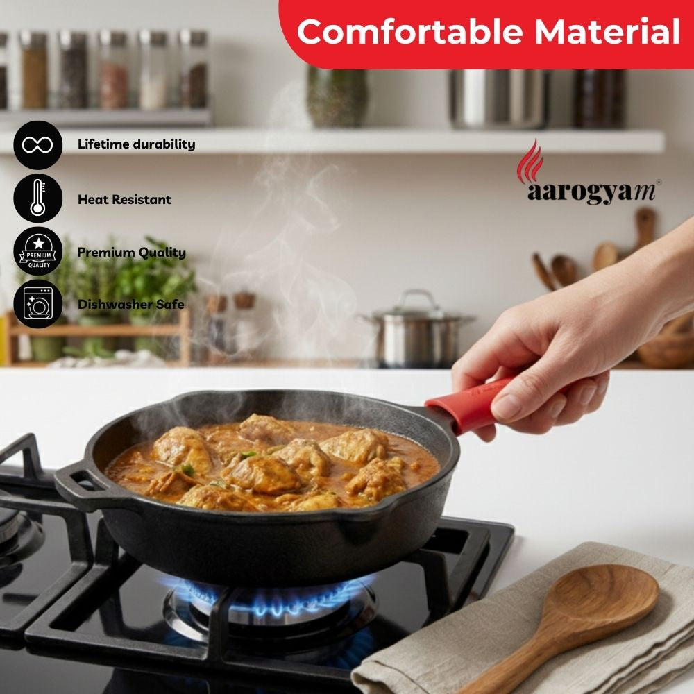 Person cooking food in a frying pan on a stove with 'aarogyam' branding.