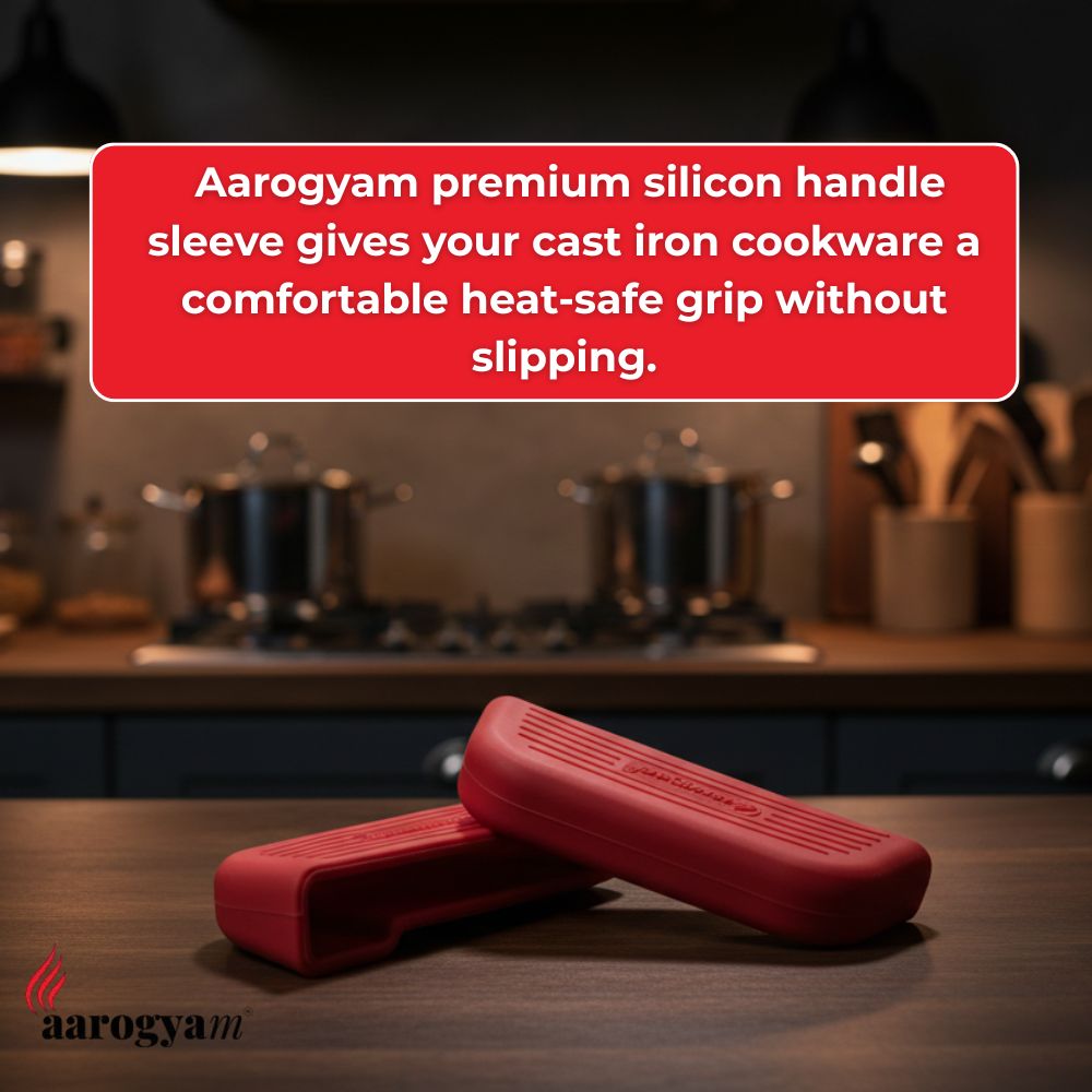 Red Aarogyam silicone handle sleeves on a kitchen counter with text about their benefits.
