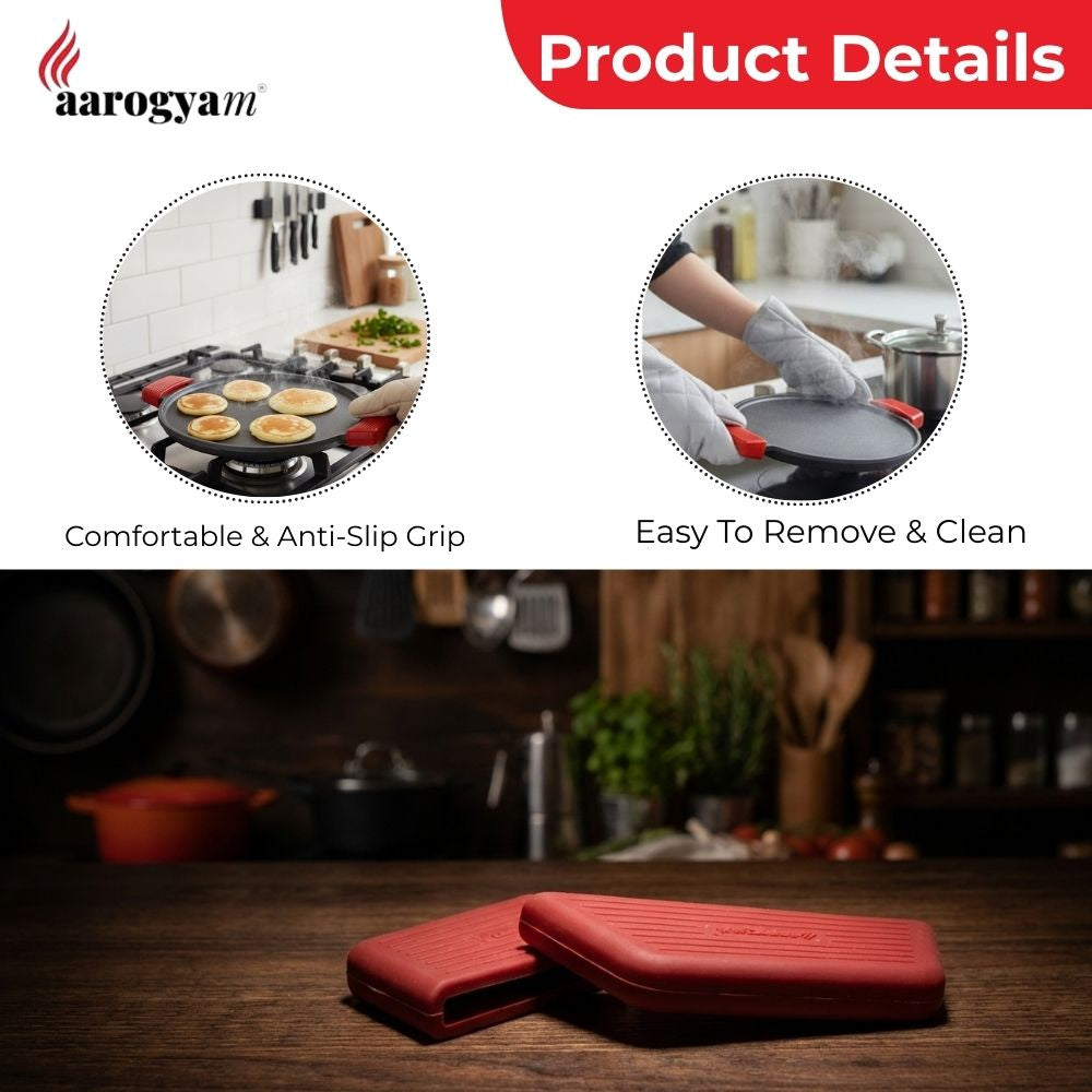 Red kitchen product with 'aarogyam' branding, showing features like comfortable grip and ease of cleaning.