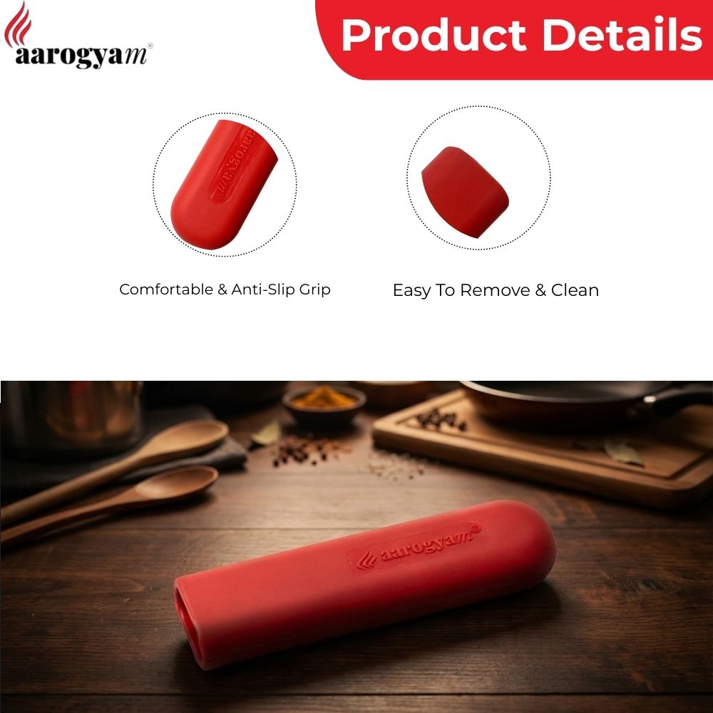 Red kitchen tool with 'aarogya' branding on a wooden surface, highlighting features like comfort and ease of use.
