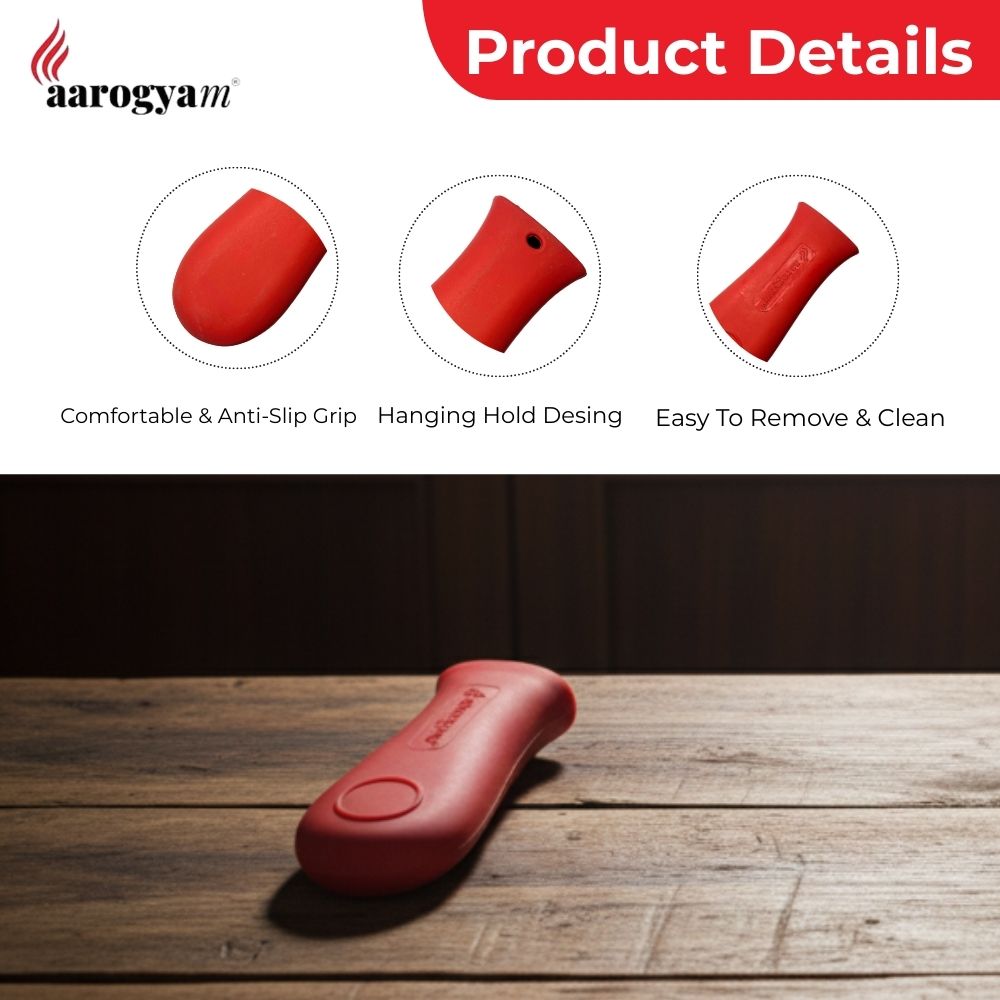 Red product with aarogyam logo on a wooden surface, featuring product details.