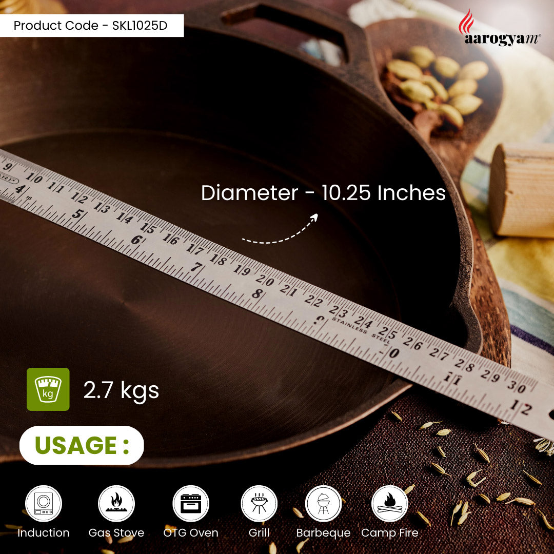 Wooden cooking pan with measurement details and a ruler on a dark background