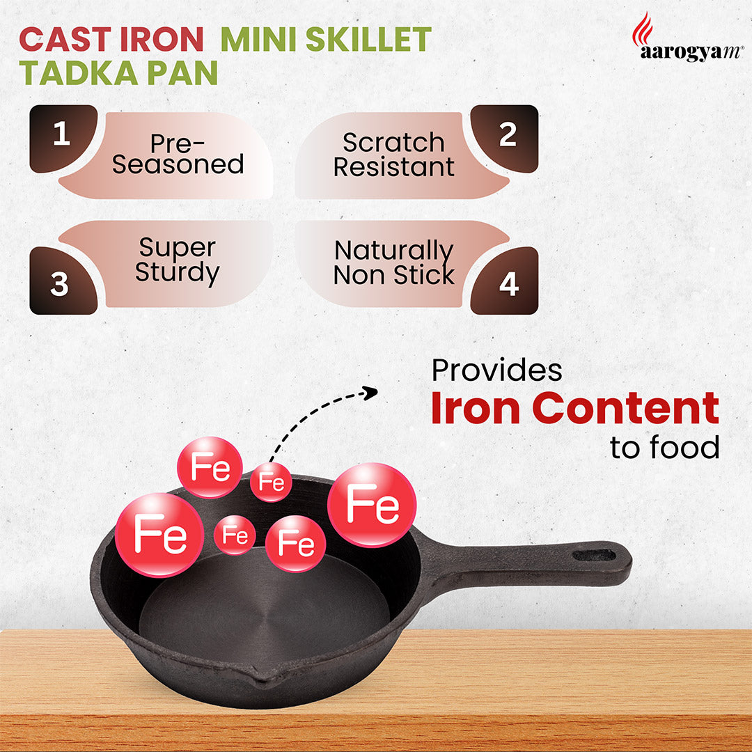 Cast iron mini skillet with features listed on a white background