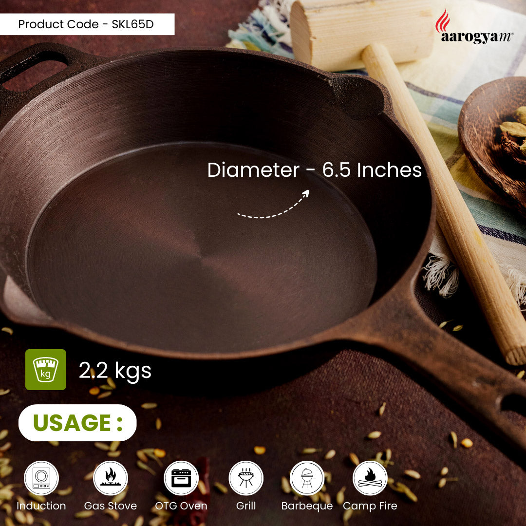 Cast iron skillet with measurement details and usage icons on a rustic background