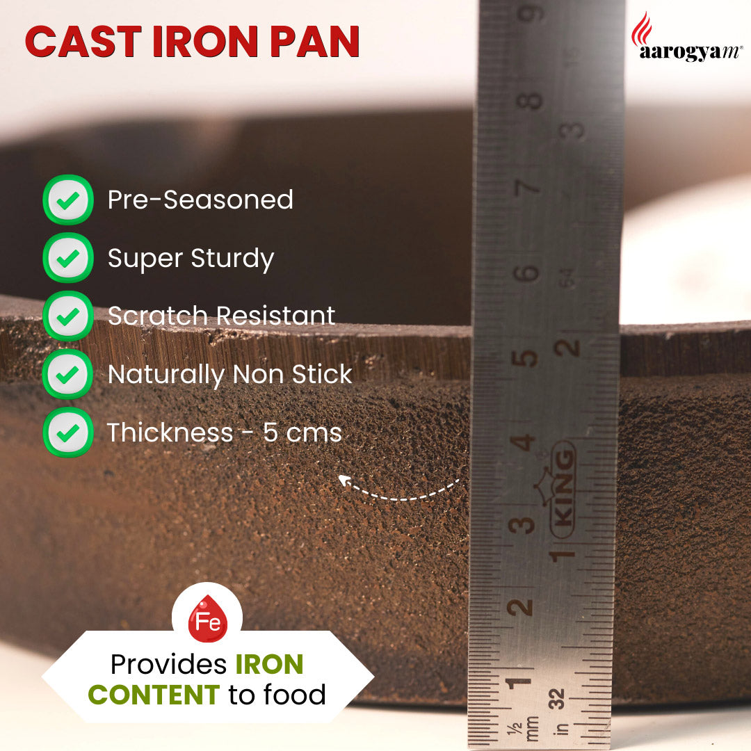 Cast iron pan with measurement scale and features listed on a white background