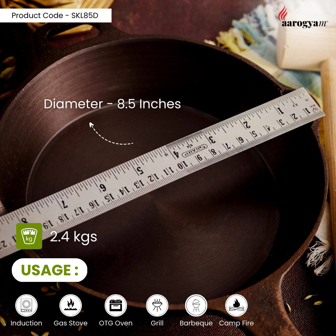 Wooden pot with a ruler showing its diameter and weight, labeled 'aarogyam'.