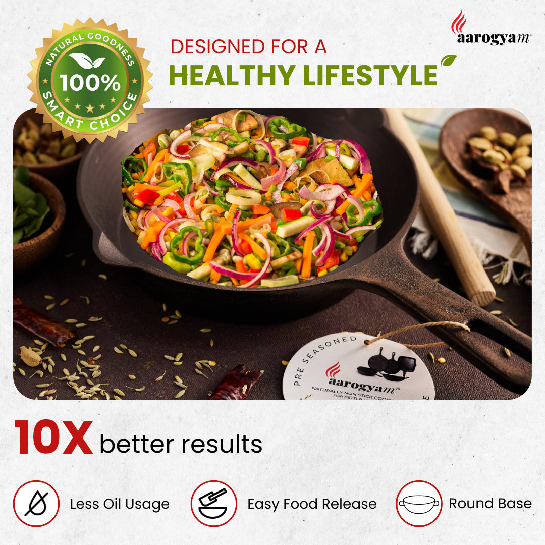 Aarogyam brand cooking pan with colorful vegetables and branding elements on a white background